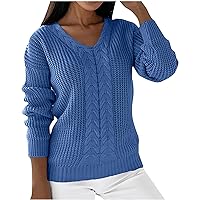 Women Chunky Knit Sweater V Neck Cable Jumper Casual Long Sleeve Pullover Tops Fall Winter Trendy Knitted Blouse
