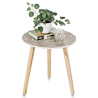 Hanobe Small Round Side Table: Boho End Tables for Living Room Bohemian Accent Bedside Table White Washed Bedroom Nightstand Farmhouse Home Decor Decorative with 3 Wood Legs, Easy Assembly