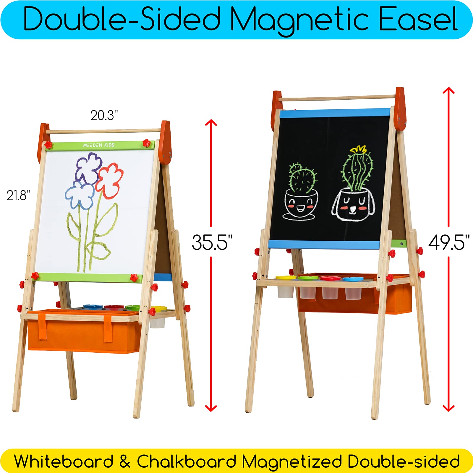 MEEDEN Easel for Kids, Double-Sided All-in-one Wooden Art Easel, Kids Art Easel Set with Paper Rolls, Magnetic Easel with Whiteboard & Chalkboard, Finger Paints, Accessories Easel for Toddlers