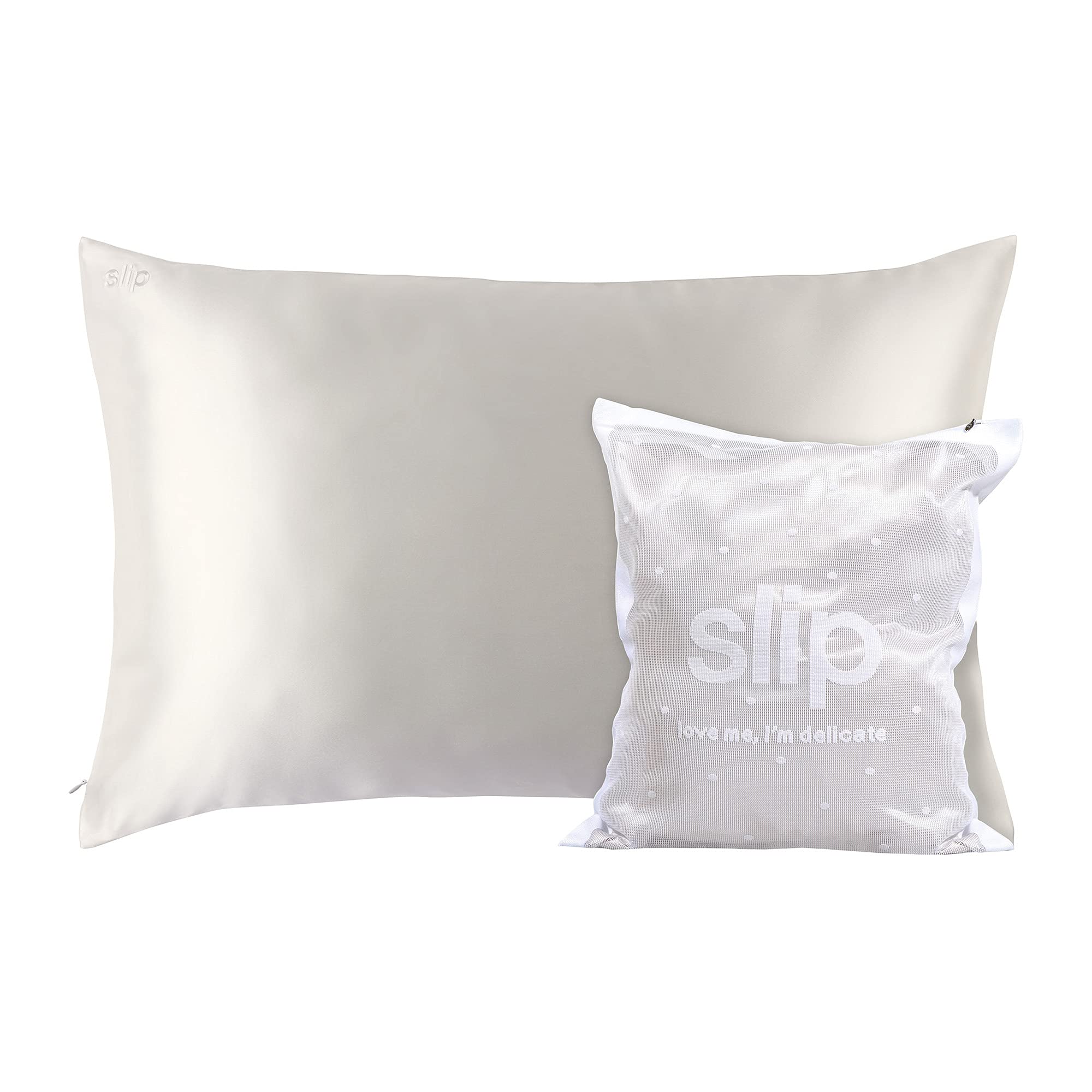 Slip Silk Love Me I'm Delicate Gift Set in White - Includes One Queen Size 100% Pure 22 Momme Mulberry Silk Pillowcase and Wash Bag - Anti-Agin...