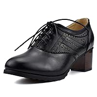 100FIXEO Women Block Stacked Mid Heel Lace Up Cut Out Wingtip Oxford Retro Dress Pumps Booties