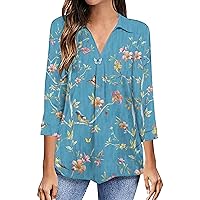 Women 3/4 Sleeve Boho Floral Dressy Lapel Tunic T-Shirts Summer Trendy Casual Loose Fit V Neck Tee Tops Blouses