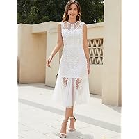 Summer Dresses for Women 2022 Plant Embroidery Mesh Godet Dress Dresses for Women (Color : White, Size : Large)