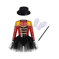 Kids Circus Ringmaster Costume Girls Ringmaster Leotard with Hat, Magic, Wand Gloves for Halloween Cosplay Dress Up