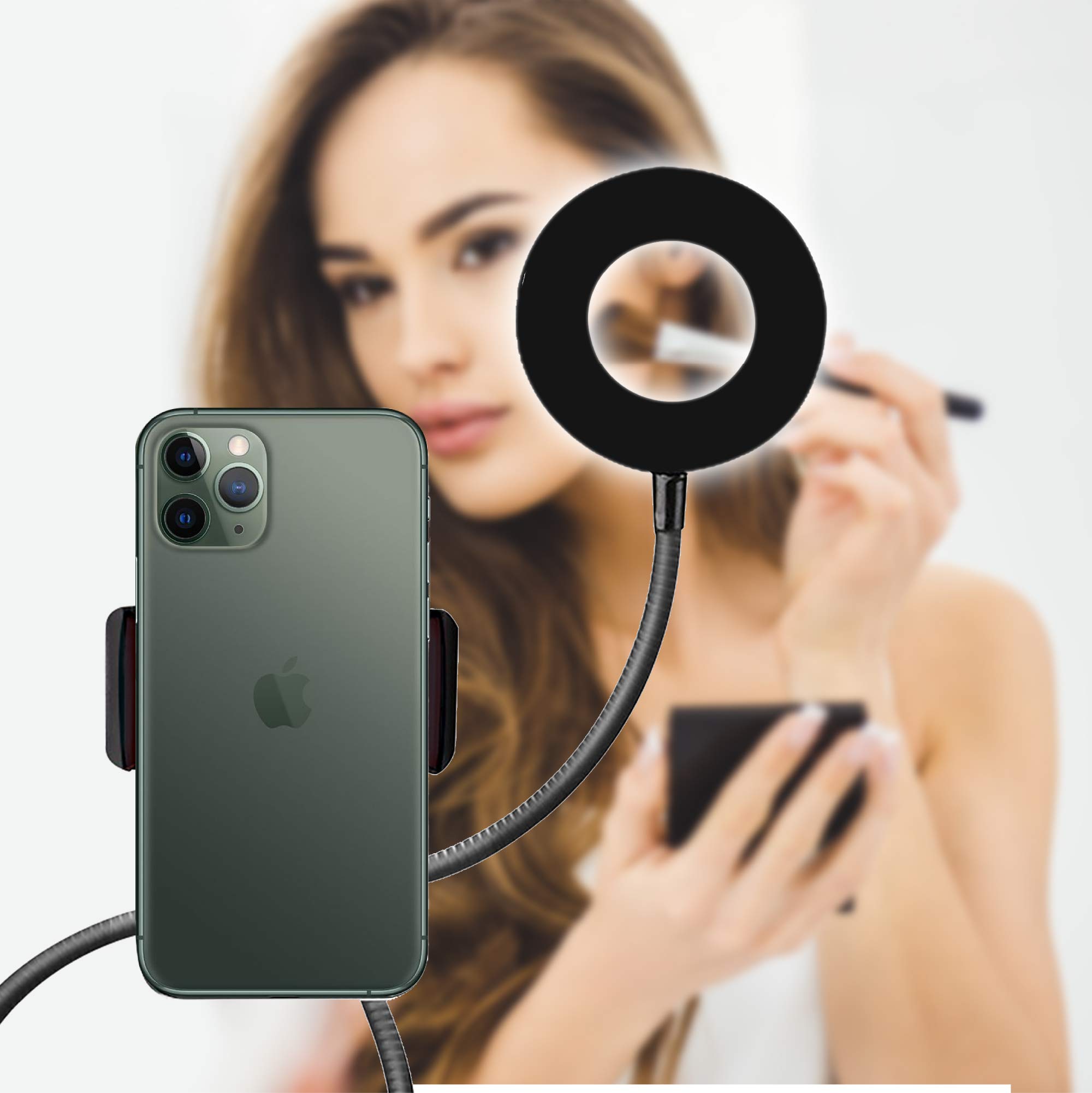 TALK WORKS Selfie Ring Light Cell Phone Holder Compatible w/iPhone 13/13 Pro/13 Pro Max/14/14 Plus/14 Pro/14 Pro Max - Flexible Clip USB LED Stand for Live Streaming w/ 10 Brightness Levels (Black)