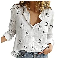 Women's Linen Button Down Shirt 2024 Trendy Casual Long Sleeve Blouse Plus Size Solid Floral Print Dressy Shirt Tops