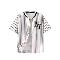 Floerns Boy's Striped Letter Pattern Button Front Short Sleeve Baseball Collar Shirts