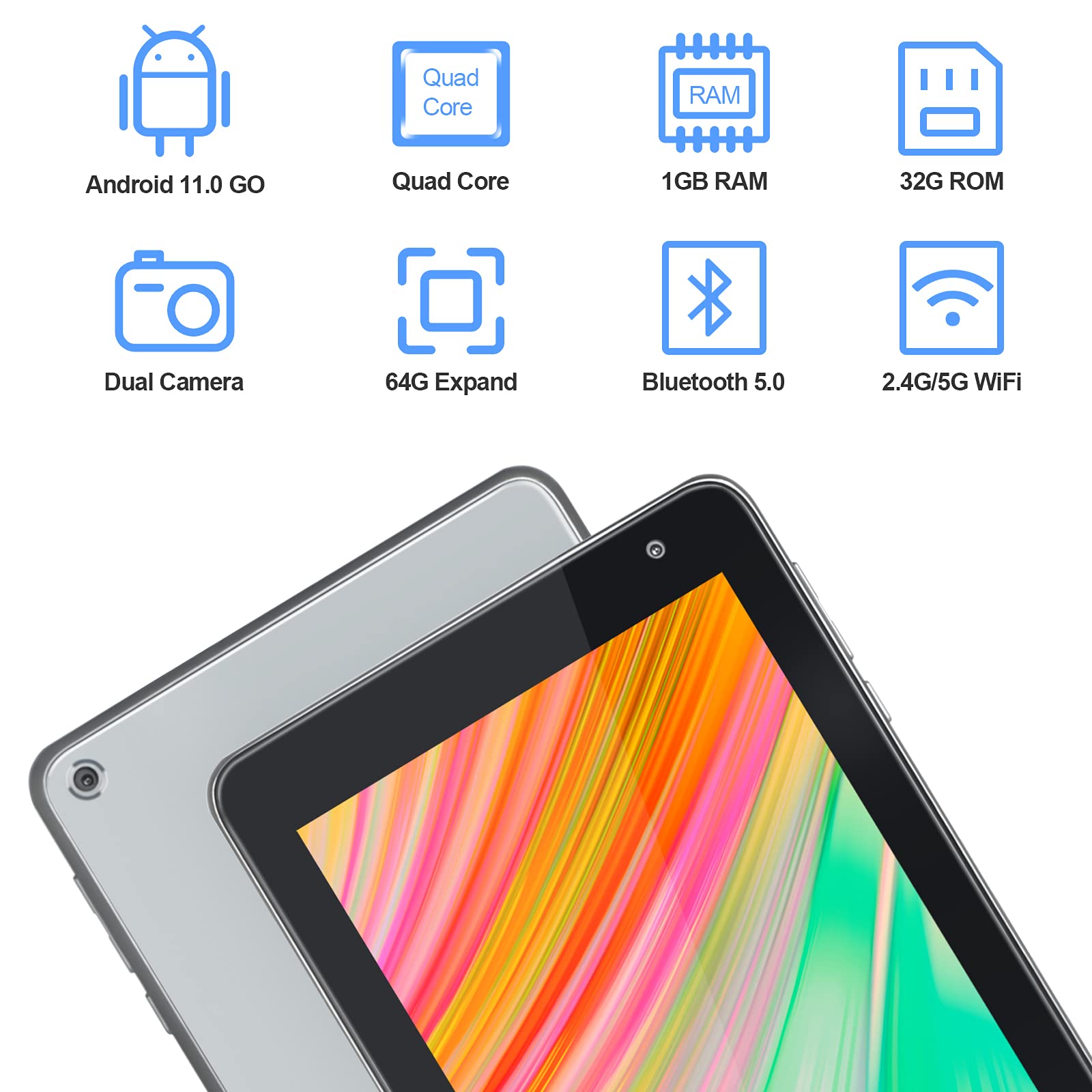 HAOVM Android 11 Go Tablet 7 Inch, MediaPad P7S Tablets,Quad-Core 1.4GHz Processor,Dual Camera,2GB RAM,1024 x 600 IPS HD Display Screen,128GB Expand,2.4/5.0GHz WiFi,BT5.0,Non-Scratch Glass Back