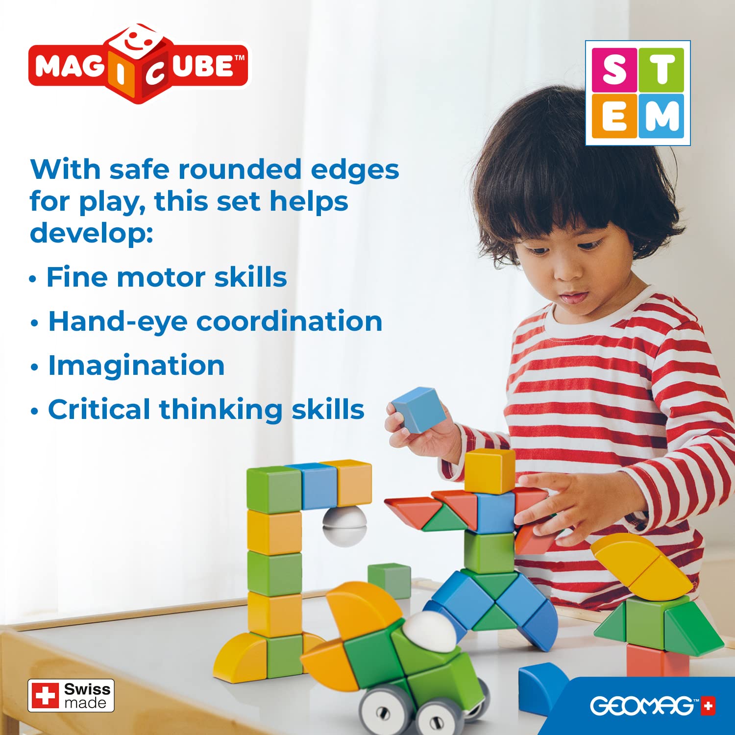 GEOMAG Swiss-Made MagiCube 13-Piece Magnetic Shapes & Wheels Building Set, Cars & Characters, Blocks for Toddlers & Kids Ages 1-5, STEM Montessori Educational Toy, Creativity, Imagination, Learning