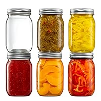 [6 Pack] 16 oz. Regular-Mouth Glass Mason Jars with Metal Airtight Lids and Bands for 1 Pint Canning, Preserving, & Meal Prep