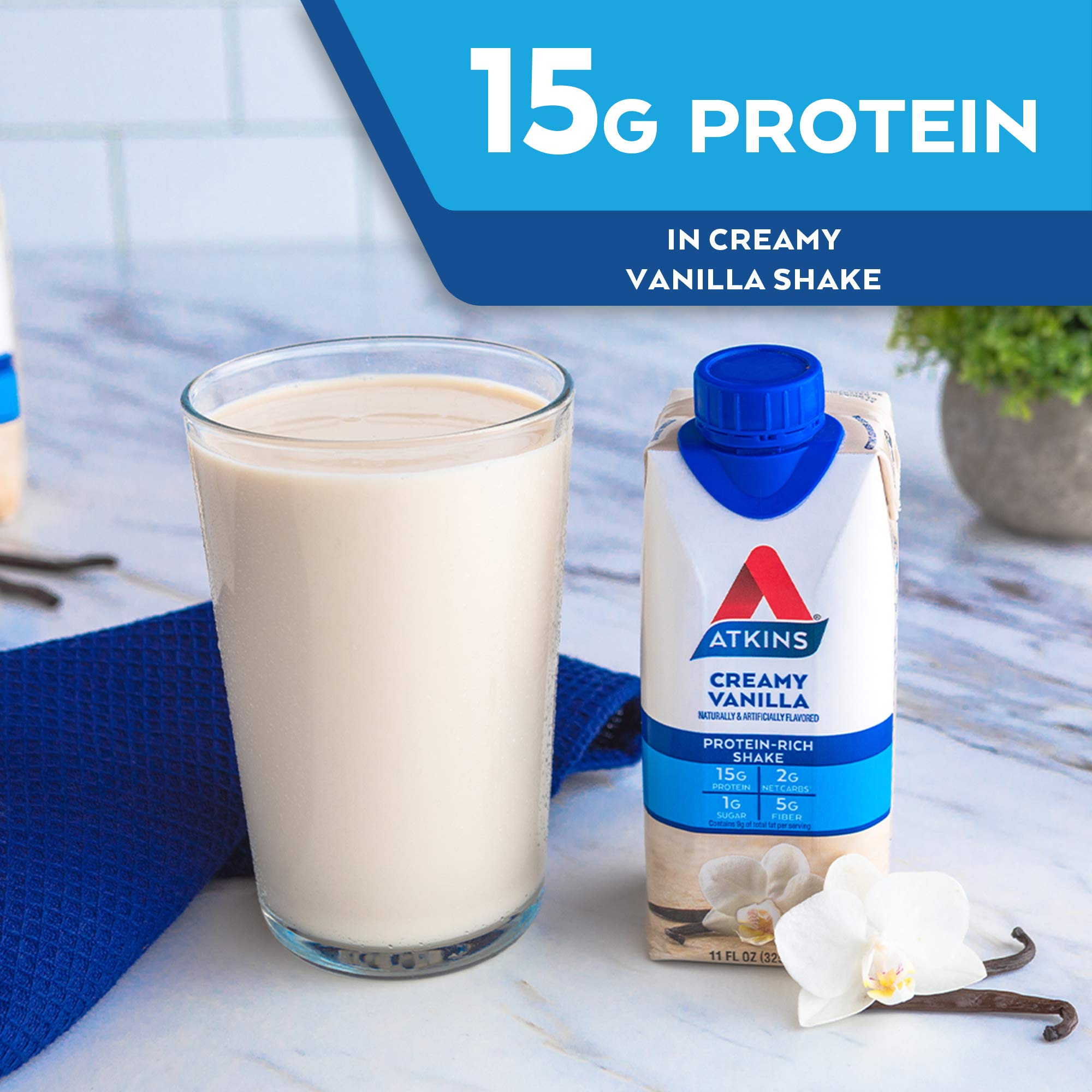 Atkins Creamy Vanilla Protein Shake, 15g Protein, Low Glycemic, 2g Net Carb, 1g Sugar, Keto Friendly, 12 Count