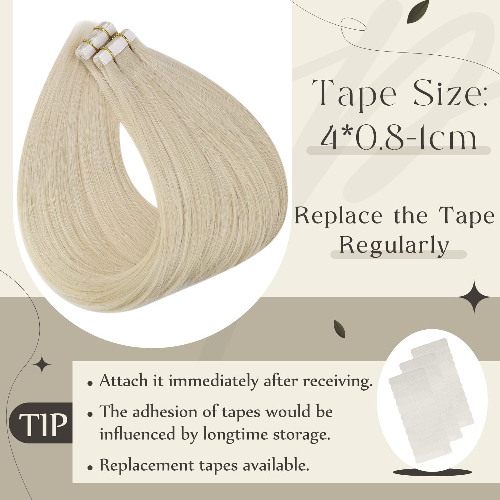 Full Shine Tape in Hair Extensions Human Hair 60 Platinum Blonde Tape Hair Extensions Real Hair 18 Inch Seamless Skin Weft Hair Extensions 50 Grams 20 Pieces