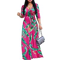 Women's Plus Size Maxi Dress with Belt - Casual Summer Sundress with Flattering V-Neck and 3/4 Sleeves
