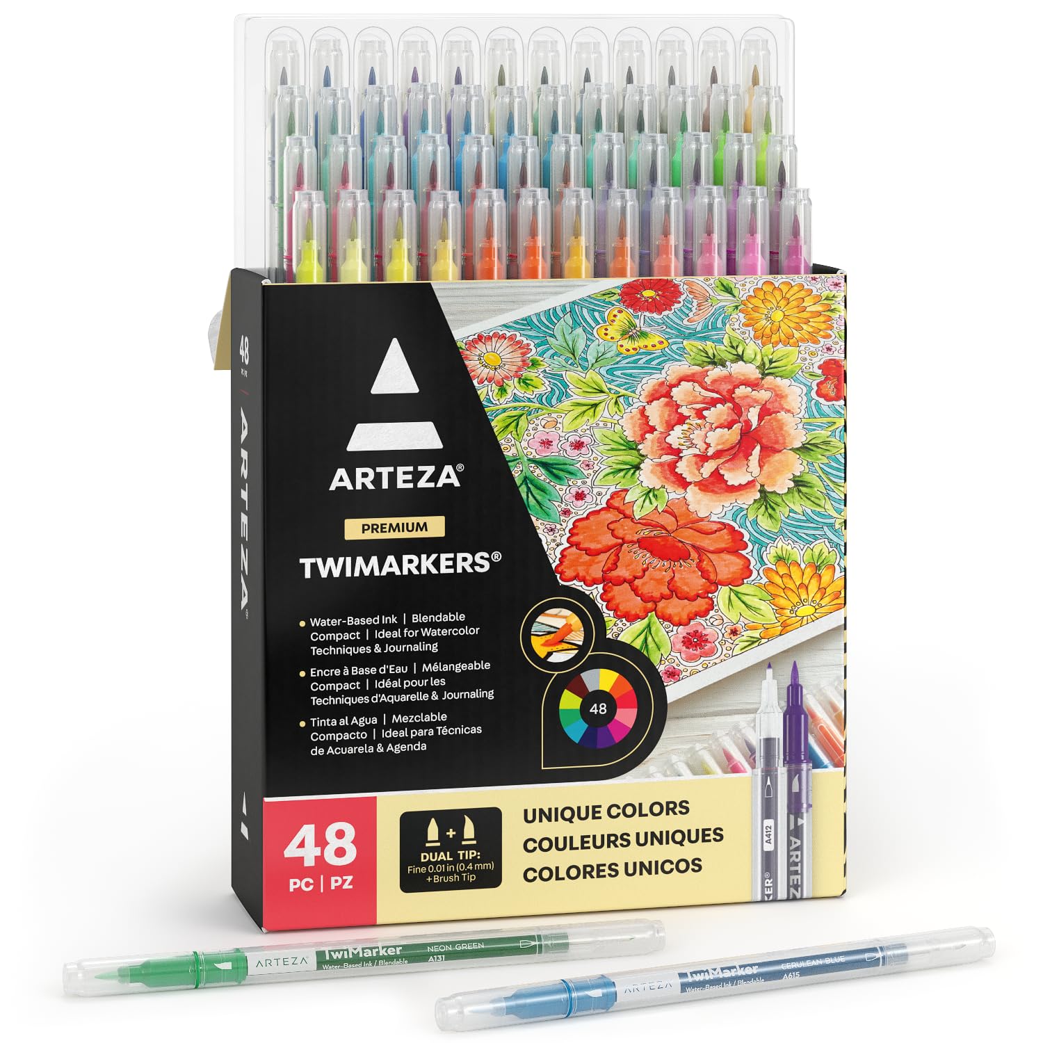 ARTEZA Dual Brush Pens, Set of 48 Colors, Art Markers with Fine & Brush Tips, Twimarkers for Coloring, Calligraphy, Sketching, Doodling, Art Supplies for Drawing, Journaling, Hand Lettering