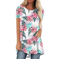 Womens Tunics or Tops to Wear with Leggings Short Sleeve Loose Fit Shirts Vintage Floral Print Crew Neck Blouses