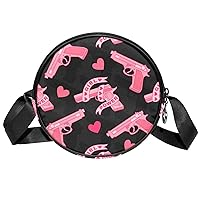 Pink Girl Power Gun Love Heart Crossbody Bag for Women Teen Girls Round Canvas Shoulder Bag Purse Tote Handbag Bag