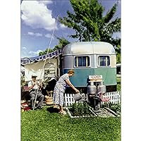 Blue Trailer, Man Holding Long Pole and Woman Watering Plants Vintage Photo America Collection Wedding Anniversary Congratulations Card