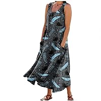 Womens Linen Dress Linen Dress for Women 2024 Bohemian Print Sparkly Fashion Loose Fit with Sleeveless U Neck Summer Dresses Black Small