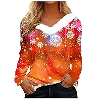 Christmas Womens Tops Fleece V Neck Shirts Fall Long Sleeve Graphic Tee Shirt Casual Plus Size Daily Clothes