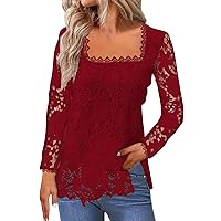 Lace Tops for Women 2024 Solid Color Sexy Casual Patchwork Side Slit with Long Sleeve Square Neck Summer Shirts
