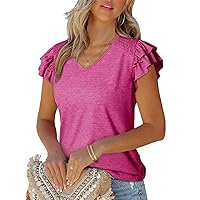 Dokotoo Women's Casual Ruffle Short Sleeve Tops Cute Solid Color Knit Ribbed T Shirts Blouses