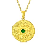 Personalized 10K 14K 18K Gold/Plated Gold Round Emerald Locket Necklace That Holds Pictures Custom Natural Gemstone Locket Pendant Necklace with Real Gold Chain Gift for Wome