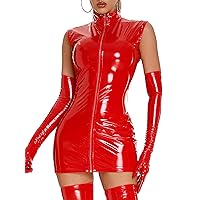 ACSUSS Womens Shiny Leather Wet Look Zipper Bodycon Short Mini Dress Teddy Dance Party Clubwear