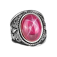 KAMBO Big Silver Ring, Genuine Real Natural Star Ruby Gemstone Ring, 925 Sterling Silver Ring For Men