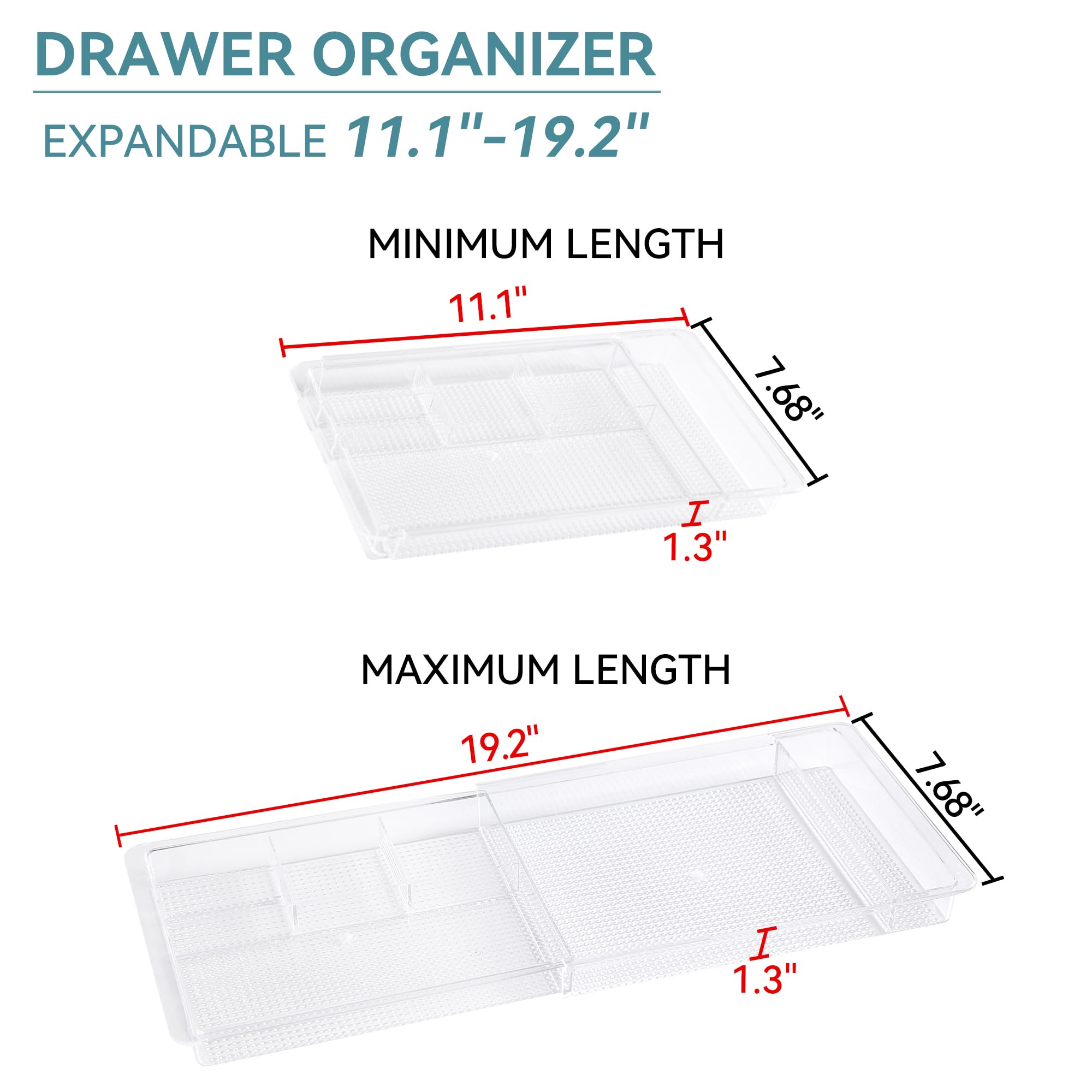 Oubonun Expandable Drawer Organizer 11.1” to 19.2” Width, Shallow Cosmetic Organizer 1.3” Height, 4 Packs, Clear Plastic Storage Trays for Dressing Table,Bathroom