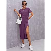 Women's Dress Dresses for Women High Split Solid Dress (Color : Purple, Size : Large)