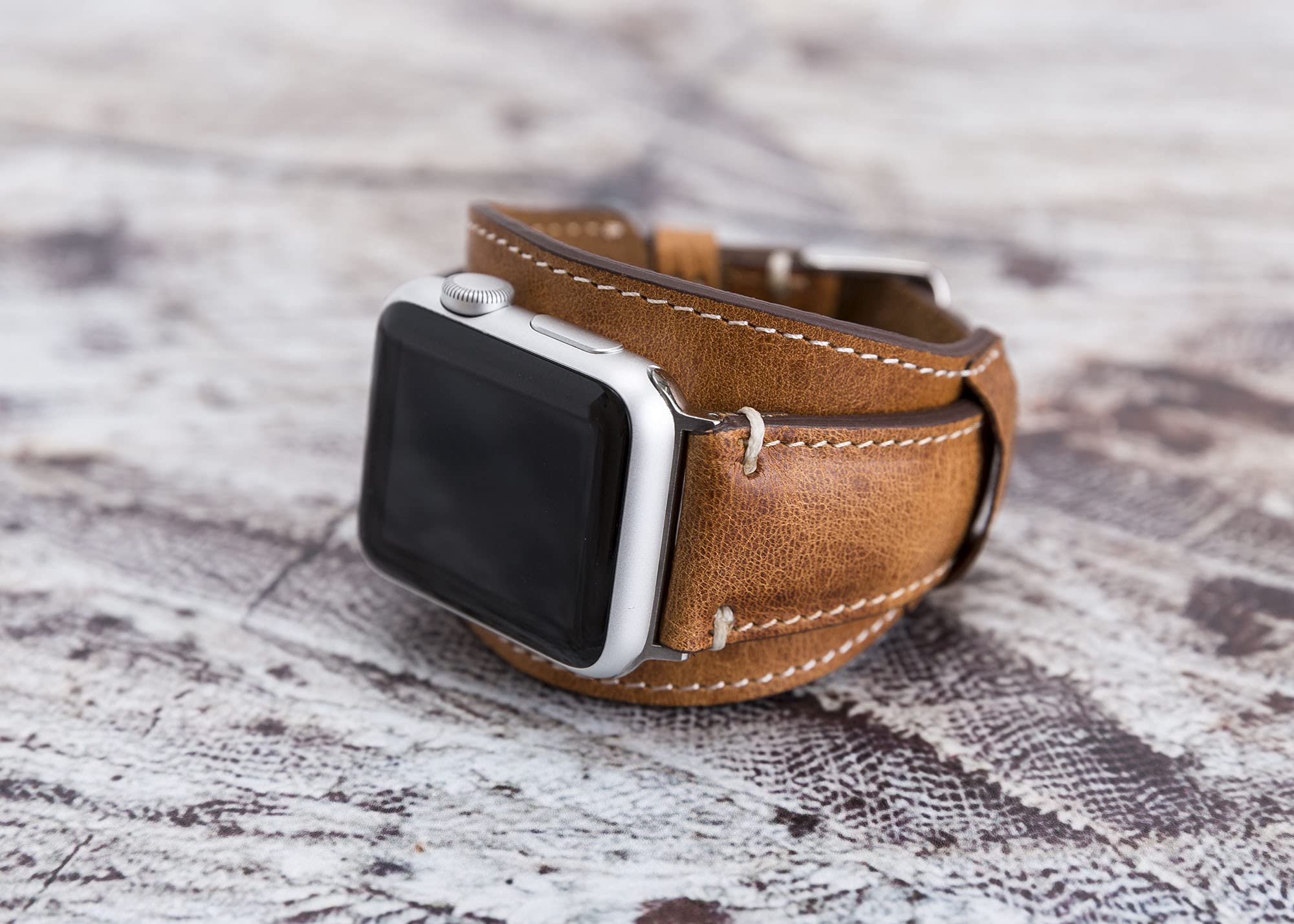 VENOULT Compatible Apple Watch Cuff Bands for iWatch Series 8, Man or Women 45mm, 44mm, 41mm, 40mm, Series 8-1 Dark Brown Genuine Leather Bull Strap, HANDMADE