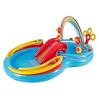 Intex 57453EP 9.75 Foot x 6.3 Foot x 53 Inch Multicolor Rainbow Slide Kids Inflatable Pool with Water Slide and Ring Toss for Children Ages 2 and Up