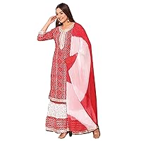 Red White Festival Party wear Indian Women Heavy Gota Lace work Straight Sharara Kurti Chiffon Bandhej printed Dupatta 456r