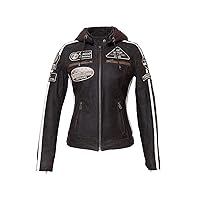 LP-FACON Women Vintage Hooded Biker Jacket - Cafe Racer Badges Retro Patches Motorcycle Leather Jacket