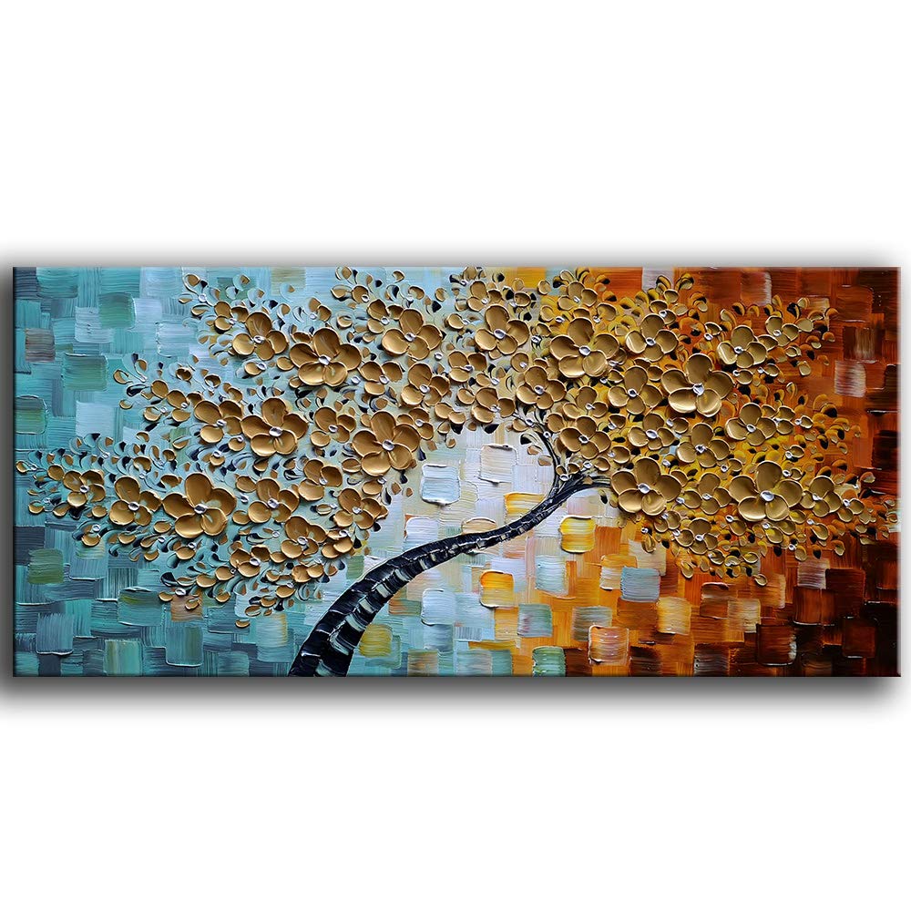 Tyed Art-Golden Flowers Oil Paintings on Canvas Abstract Flowers Tree Paintings 100% Hand-Painted 3D Abstract Art Floral Wall Art Decorations for L...