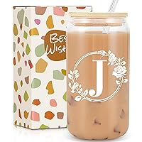 Ini-tial Glass Cup - Gifts for Women - 16 Oz Glass Cups W/Lids Straws, Glass Tumbler Monogrammed Gifts, Iced Coffee Cups - Personalized Customized Cute Gifts Mothers Day, Birthday Gifts for Her Mom, J