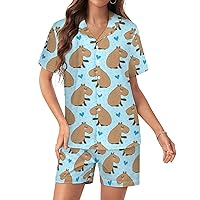 Cute Cartoon Capybara Womens Silk Satin Pajama Set Button Down Pjs Sleepwear Two Piece Short Sleeve Top with Shorts