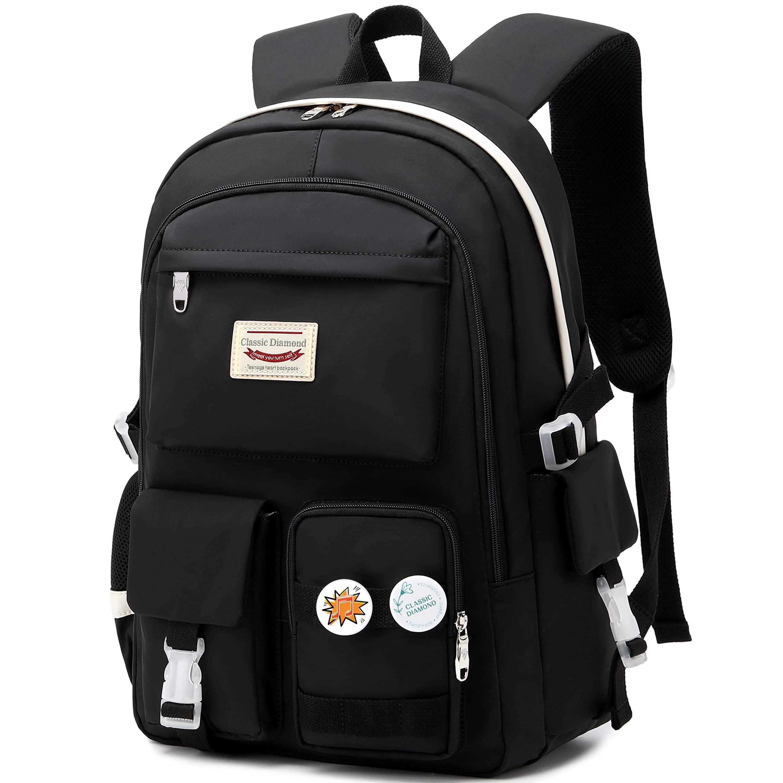 Classic Diamond School Backpack for Girls Backpack Cute Bookbag Kawaii School Bag Anime College Backpack for Teen Girls (Black)