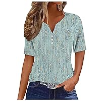 Womens Summer Tops Vacation Trendy Casual Eyelet Tops Short Sleeve Shirts Button Up V Neck Loose Fit T Shirts Blouses