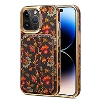 Cork Wood Case for iPhone 15 Pro Max,Bohemian Style Flower Language Plating Full Coverage Protection Bumper Cover with Non-Removable Card Pack
