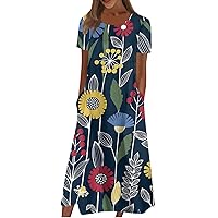 Womens Plus Size Summer Dresses Short Sleeve Spring Wedding Dress O-Neck Baggy Print Pleated Dresses with Pockets