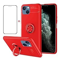 iPhone 13 Mini Case + Screen Protector Tempered Glass Phone Case Cover Silicone Ring Grip Holder Kickstand Carbon Fiber Shell Shockproof 5.4-Inch, Red