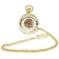 Unique Mechanical Wind Up Skeleton Pocket Watch w/Chain & Stand