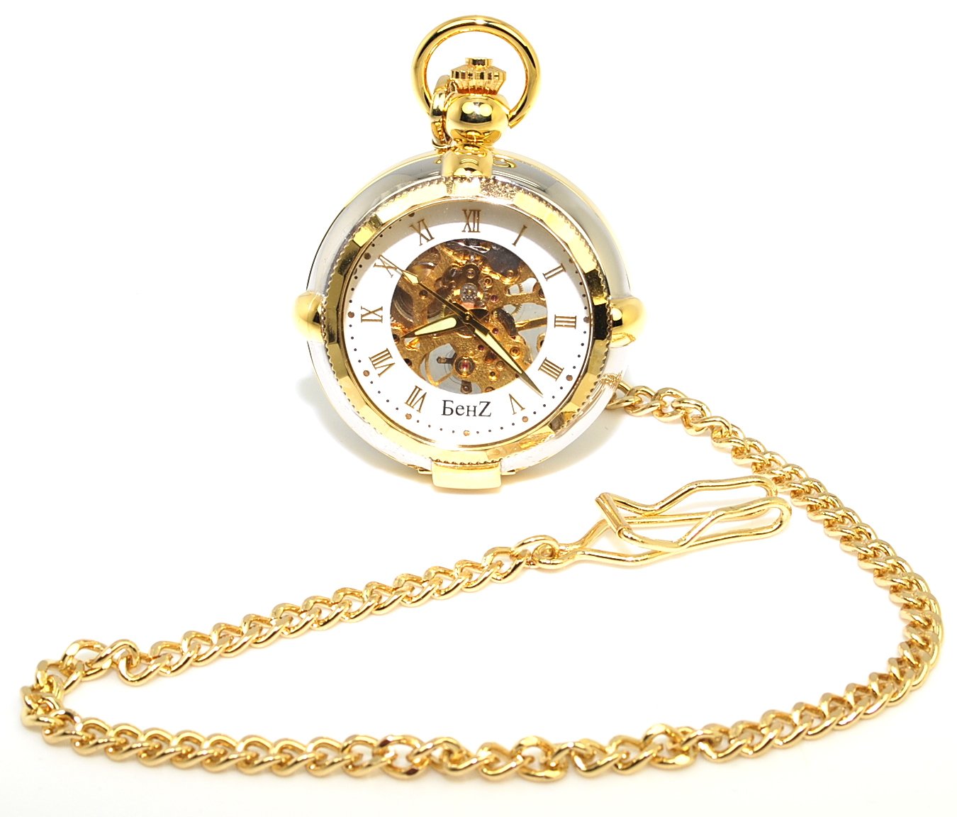 Benz Unique Mechanical Wind Up Skeleton Pocket Watch w/Chain & Stand