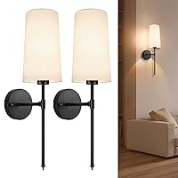 Wall Sconces Sets of 2, Retro Industrial Wall Lamps, Bathroom Vanity Sconces Wall Lighting with White Fabric Shades, Wall Lights for Bedroom Living Room Kitchen Island (Black)