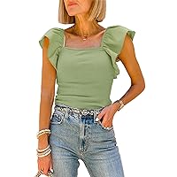 Women's Ruffle Strap Tank Top Square Neck Fitted Ribbed Cami Going Out Tops with Ruffle Cap Sleeve