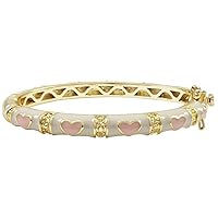 Gold Finish White and Pink Enamel Heart Girls Bangle Bracelet, 50-mm