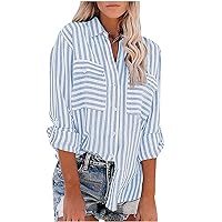 Womens Long Sleeve Cotton Linen Button Down Shirts 2023 Casual Loose Striped Shirt Tops with Pockets