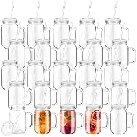 20 Pcs 18.6 oz Plastic Mason Jars with Lids and Straws Wide Regular Mouth Canning Jars Bulk Airtight Big Glass Jars Clear Drink Containers with Caps Juicing Bottles for Iced Coffee Milk(Clear)