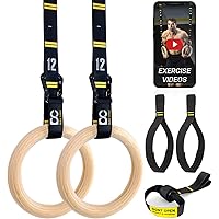 Double Circle Wood Gymnastics Rings with Quick Adjust Numbered Straps and Exercise Videos Guide - Full Body Workout Rings, Calisthenics, Home Gym (Multi-Size)